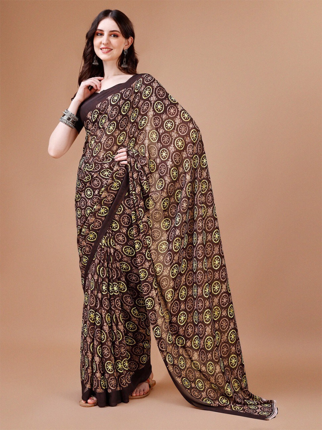 

Dori Ethnic Motifs Printed Pure Georgette Saree, Brown