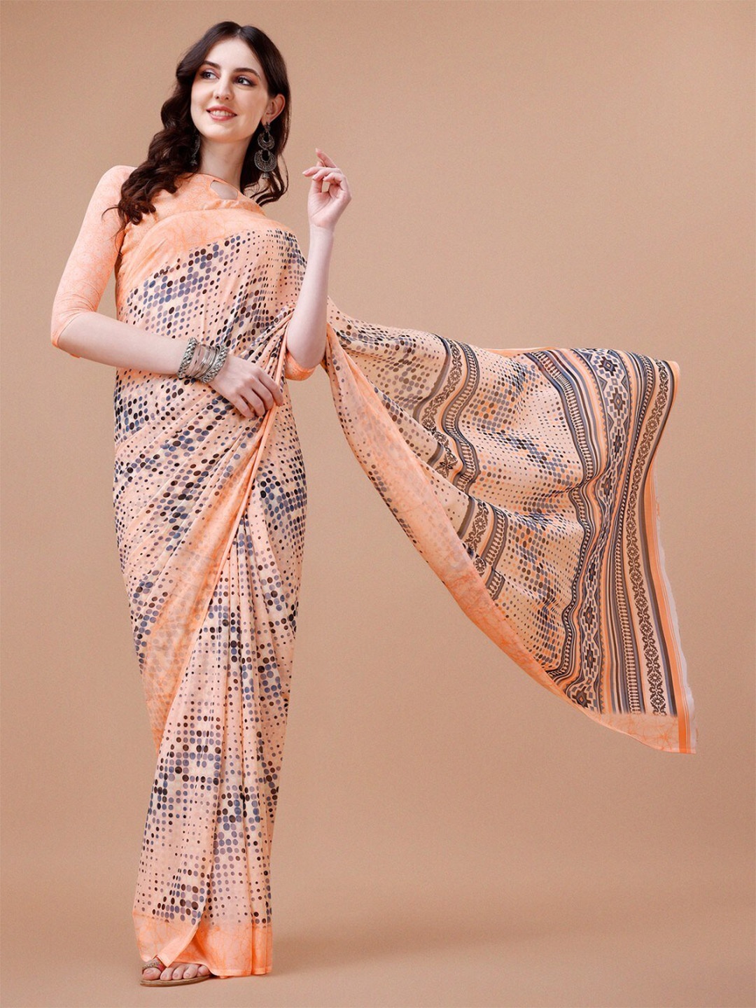 

Dori Polka Dots Printed Pure Georgette Saree, Peach