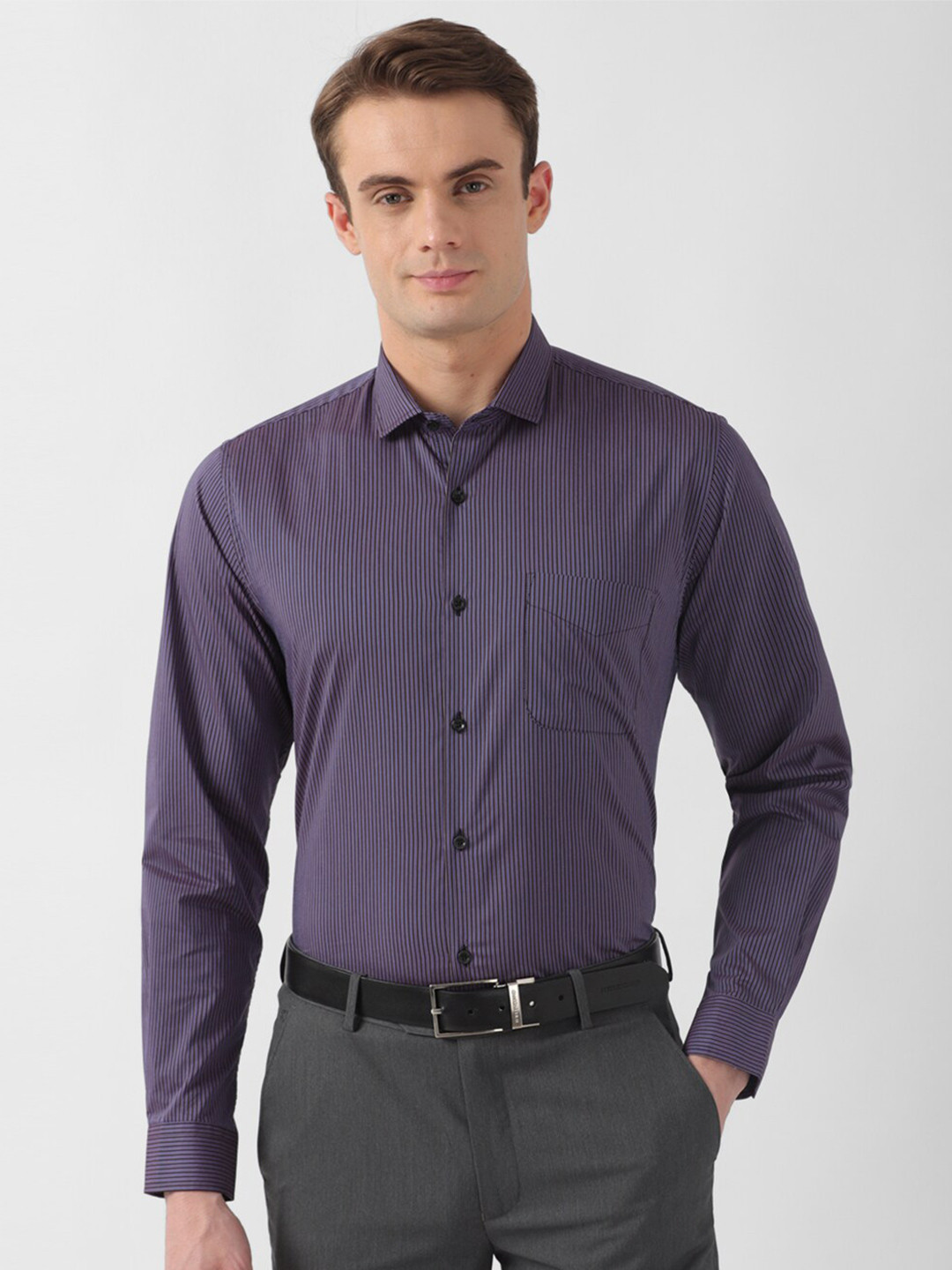 

Peter England Slim Fit Vertical Striped Spread Collar Long Sleeves Formal Shirt, Purple