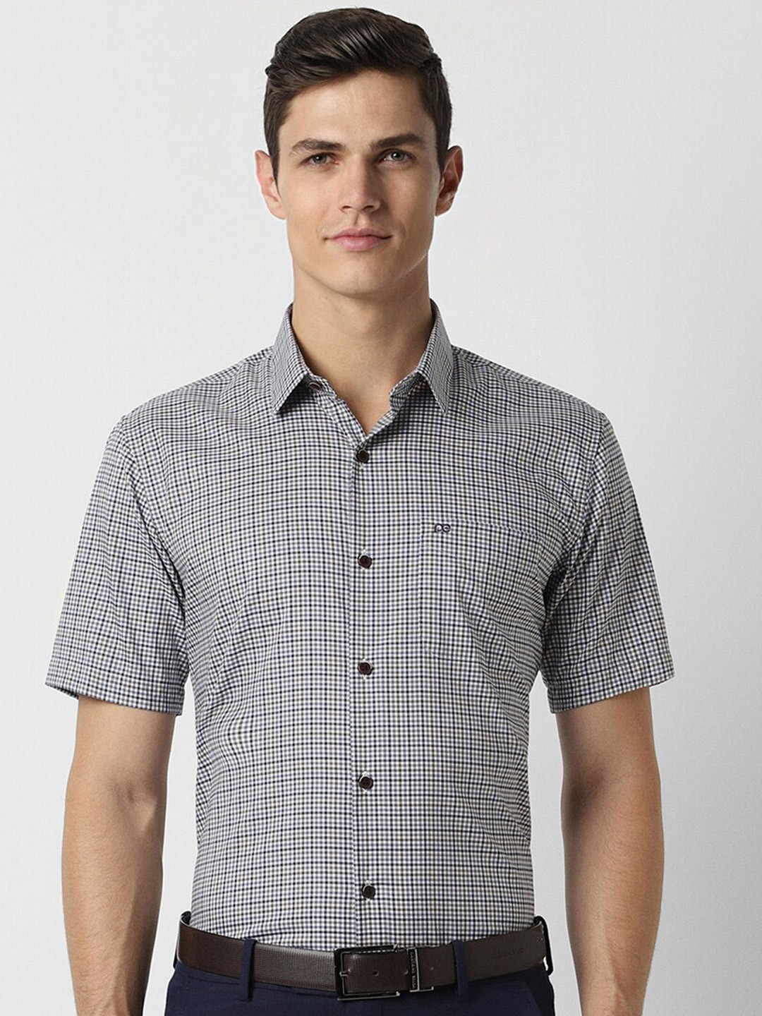 

Peter England Spread Collar Micro Checked Pure Cotton Formal Shirt, Grey