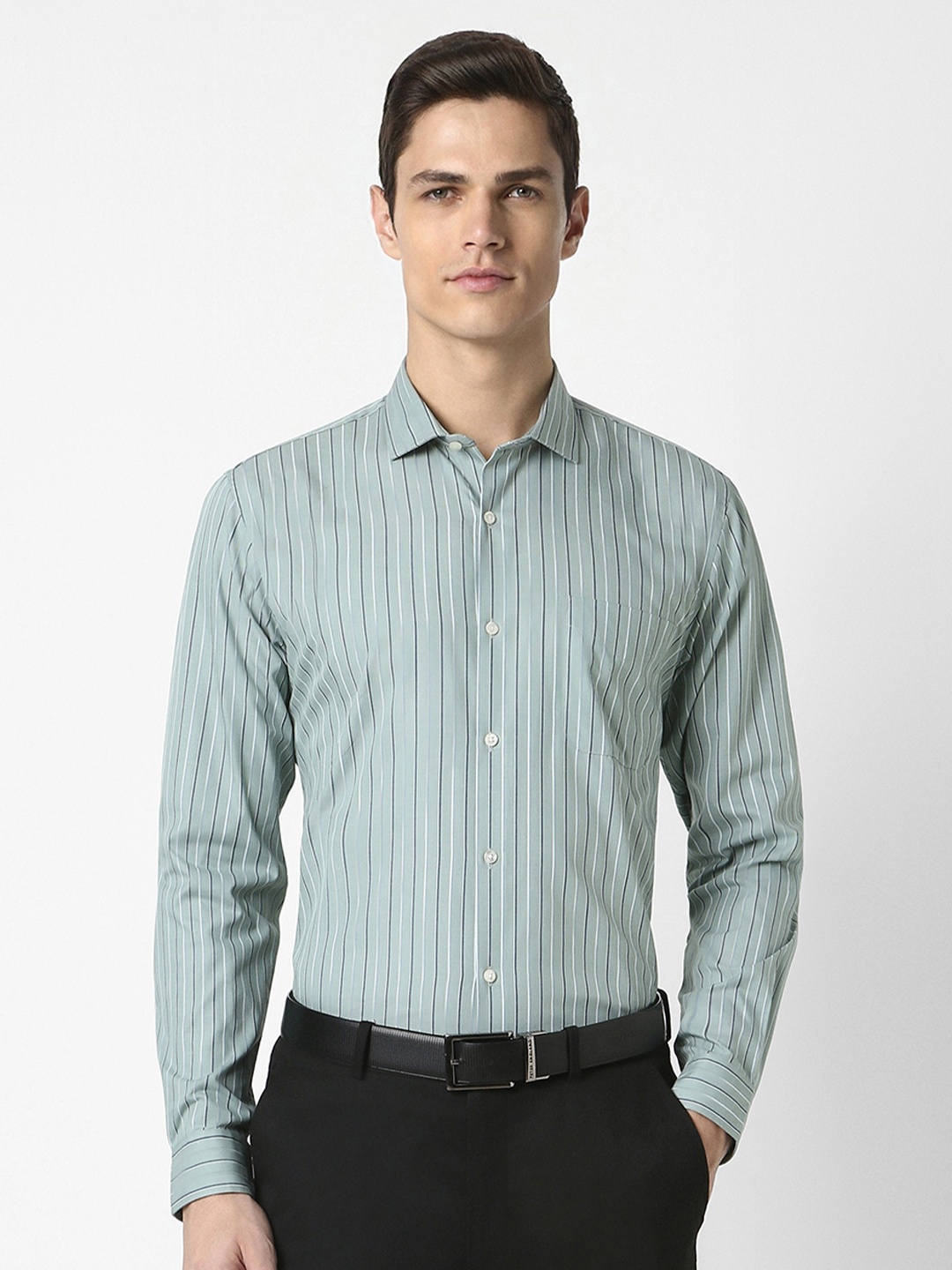 

Peter England Men Green Slim Fit Striped Formal Shirt