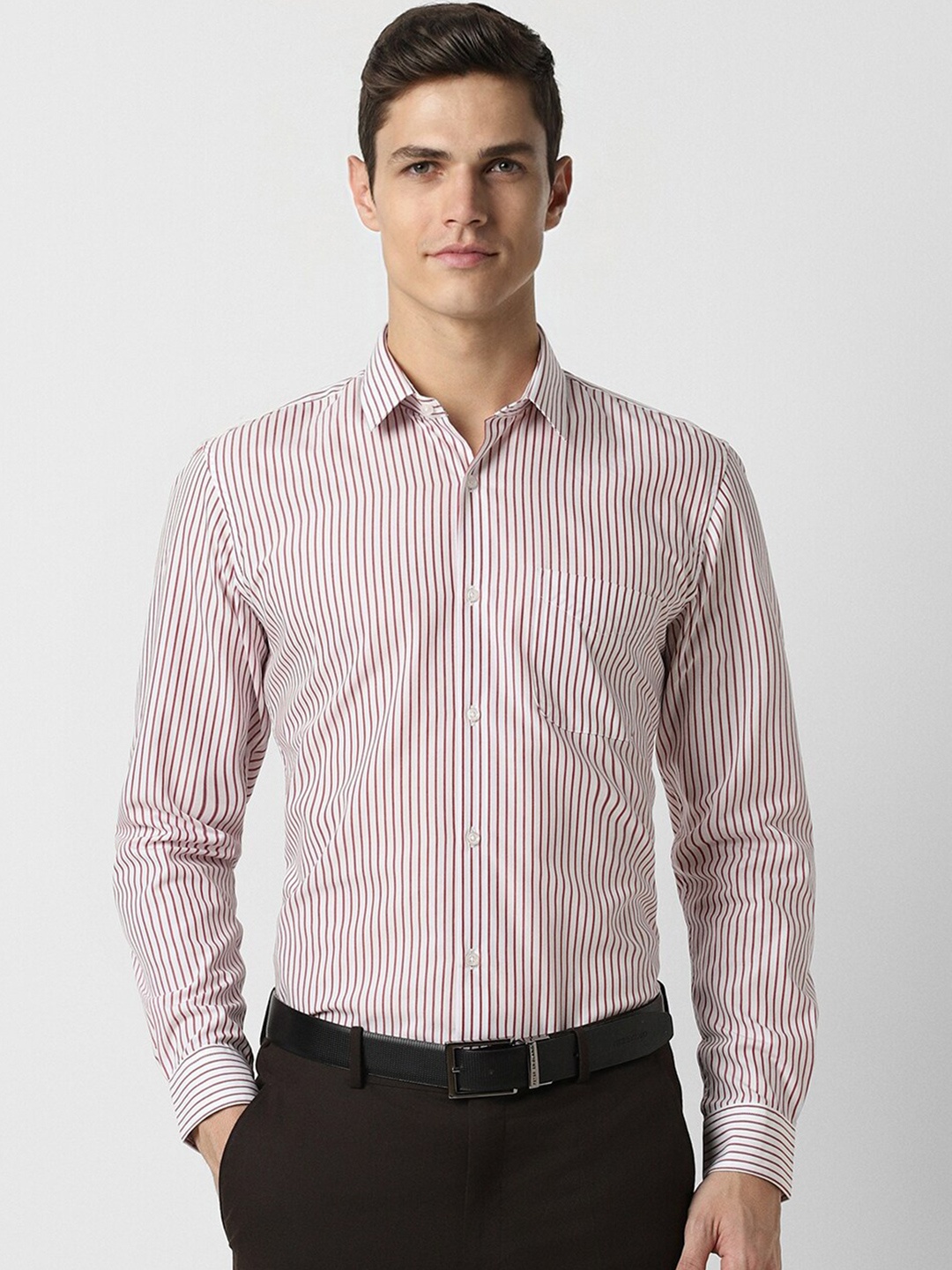 

Peter England Slim Fit Vertical Striped Spread Collar Pure Cotton Formal Shirt, White