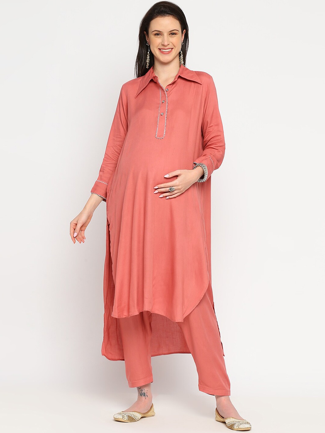 

Mom For Sure by Ketki Dalal Shirt Collar Regular Gotta Patti Maternity Kurta with Salwar, Coral