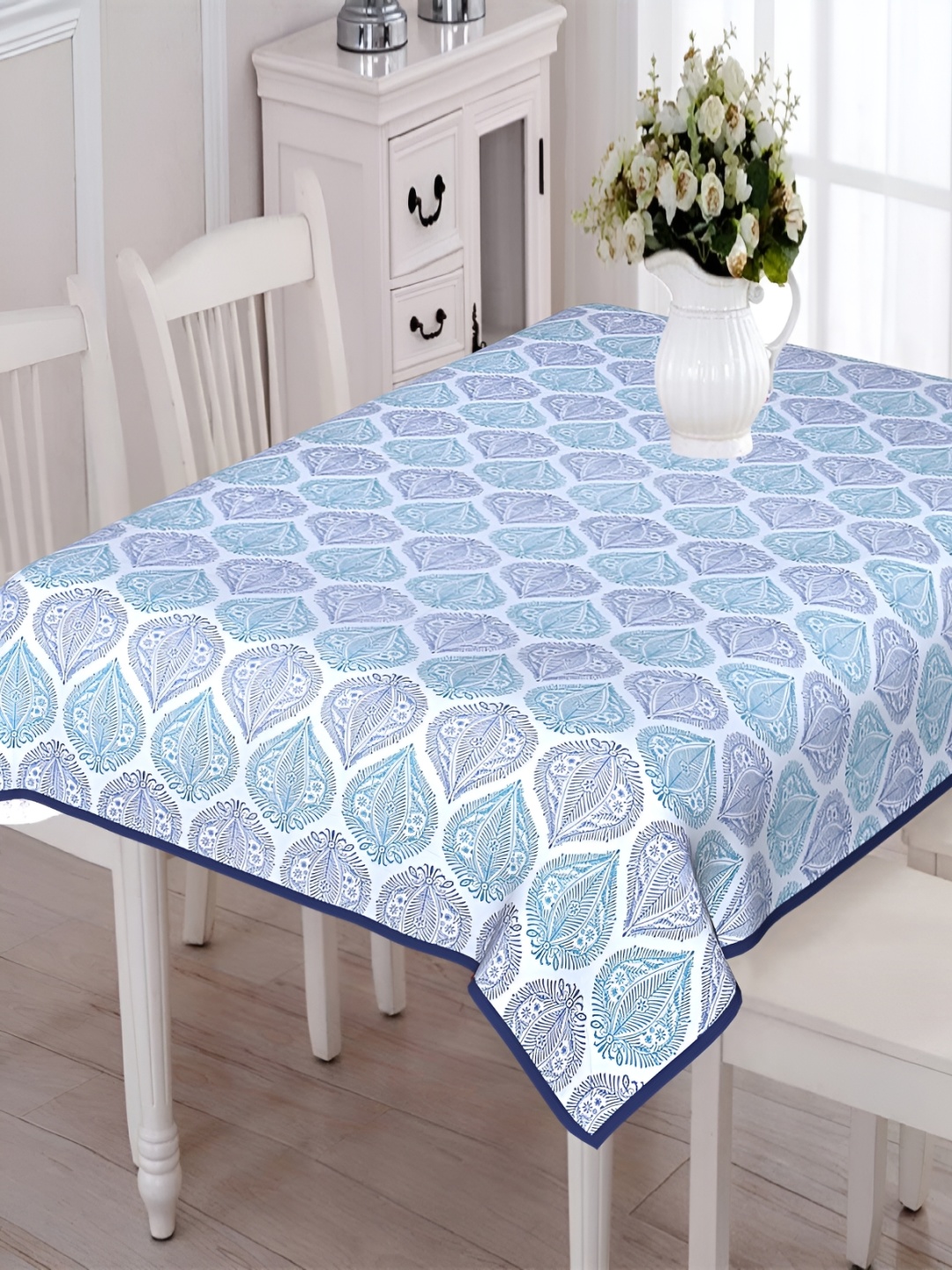 

Texstylers White & Blue Ethnic Motif Anti Slip Cotton 6 Seater Rectangle Table Cover