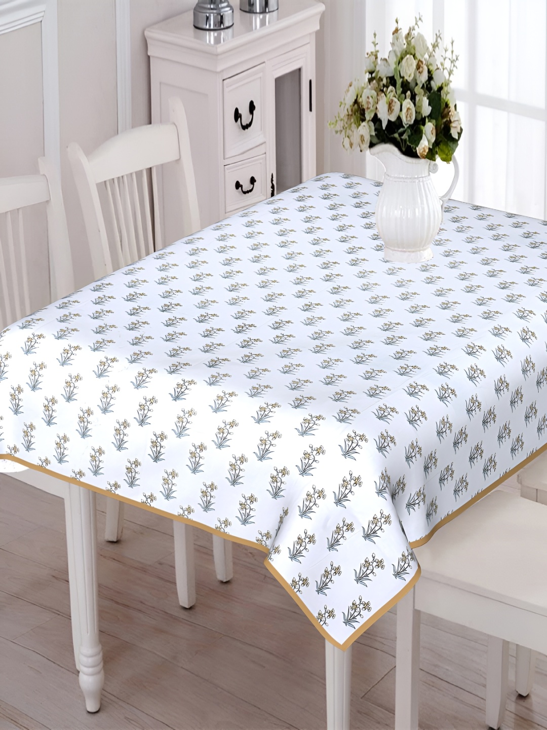 

Texstylers Gold Toned & White Floral Anti Slip Cotton Rectangle 6 Seater Table Cover
