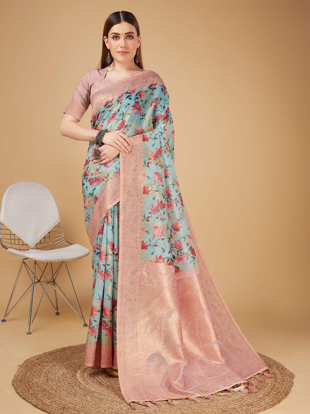 

Mitera Blue Floral Printed Silk Cotton Zari Banarasi Saree