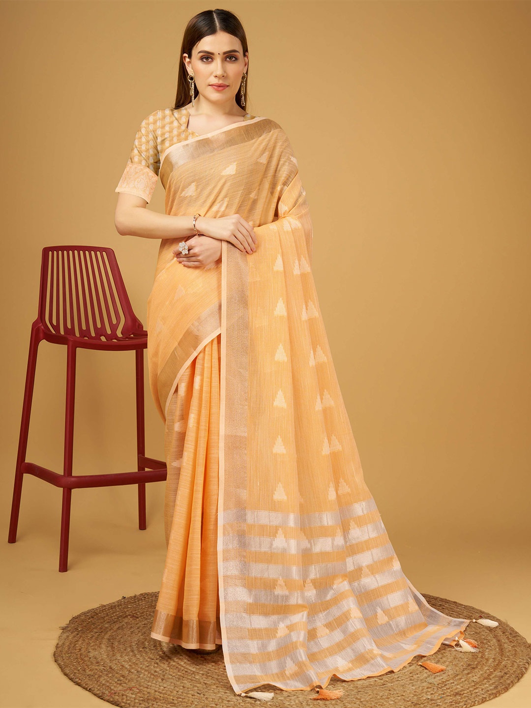 

Mitera Orange Woven Designed Zari Linen Saree