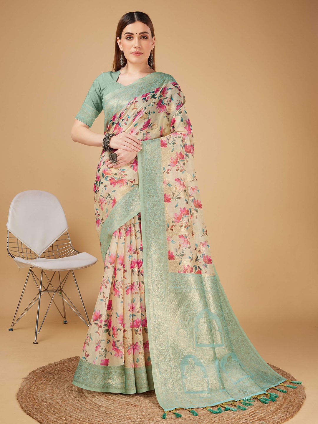 

Mitera Sea Green Floral Printed Zari Silk Cotton Banarasi Saree