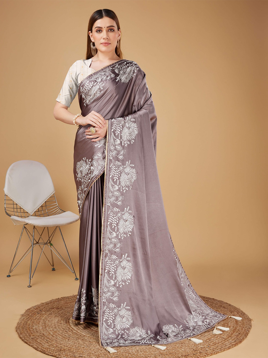

Mitera Purple Floral Embroidered Satin Saree