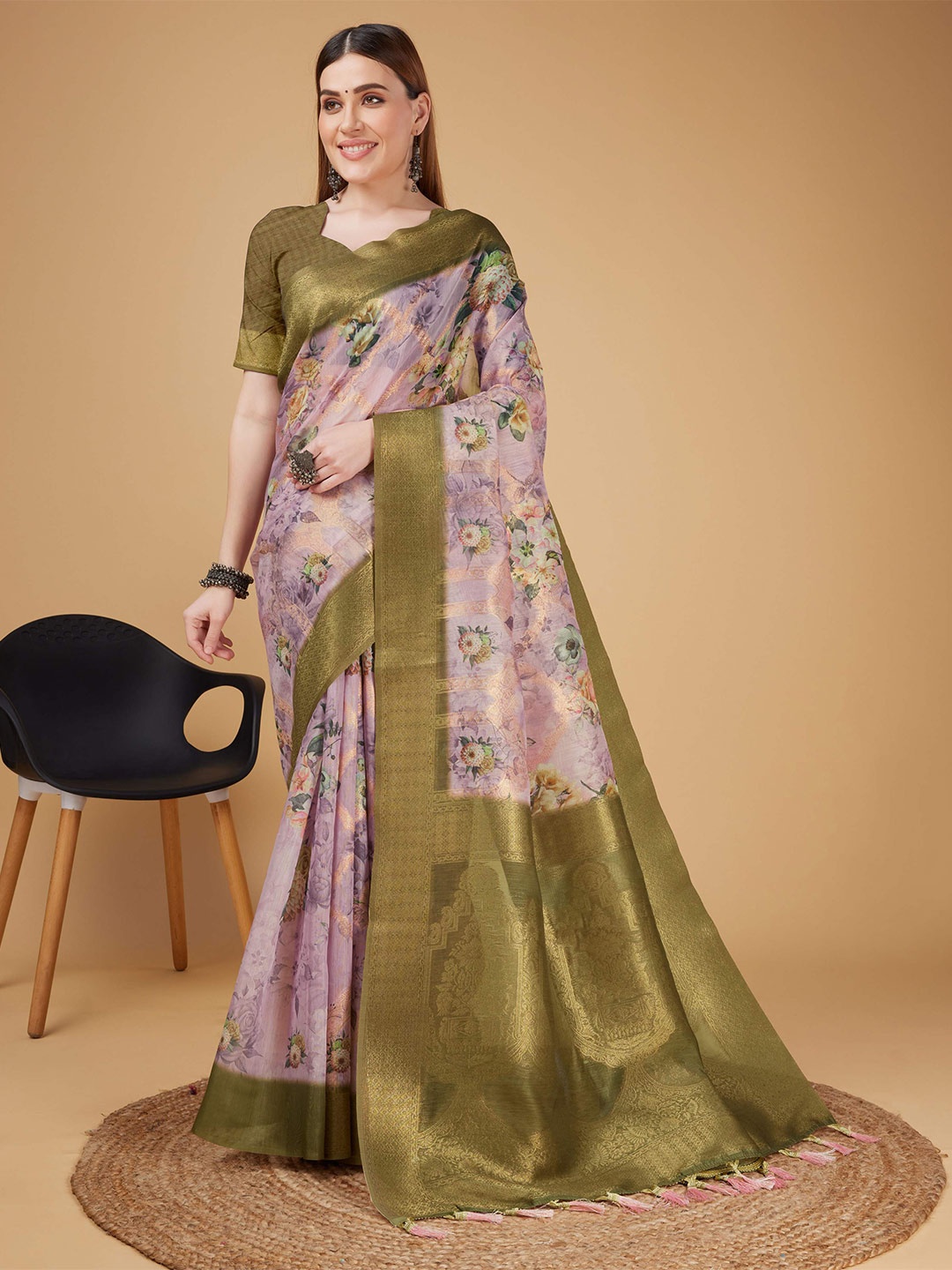 

Mitera Green Floral Printed Zari Silk Cotton Banarasi Saree