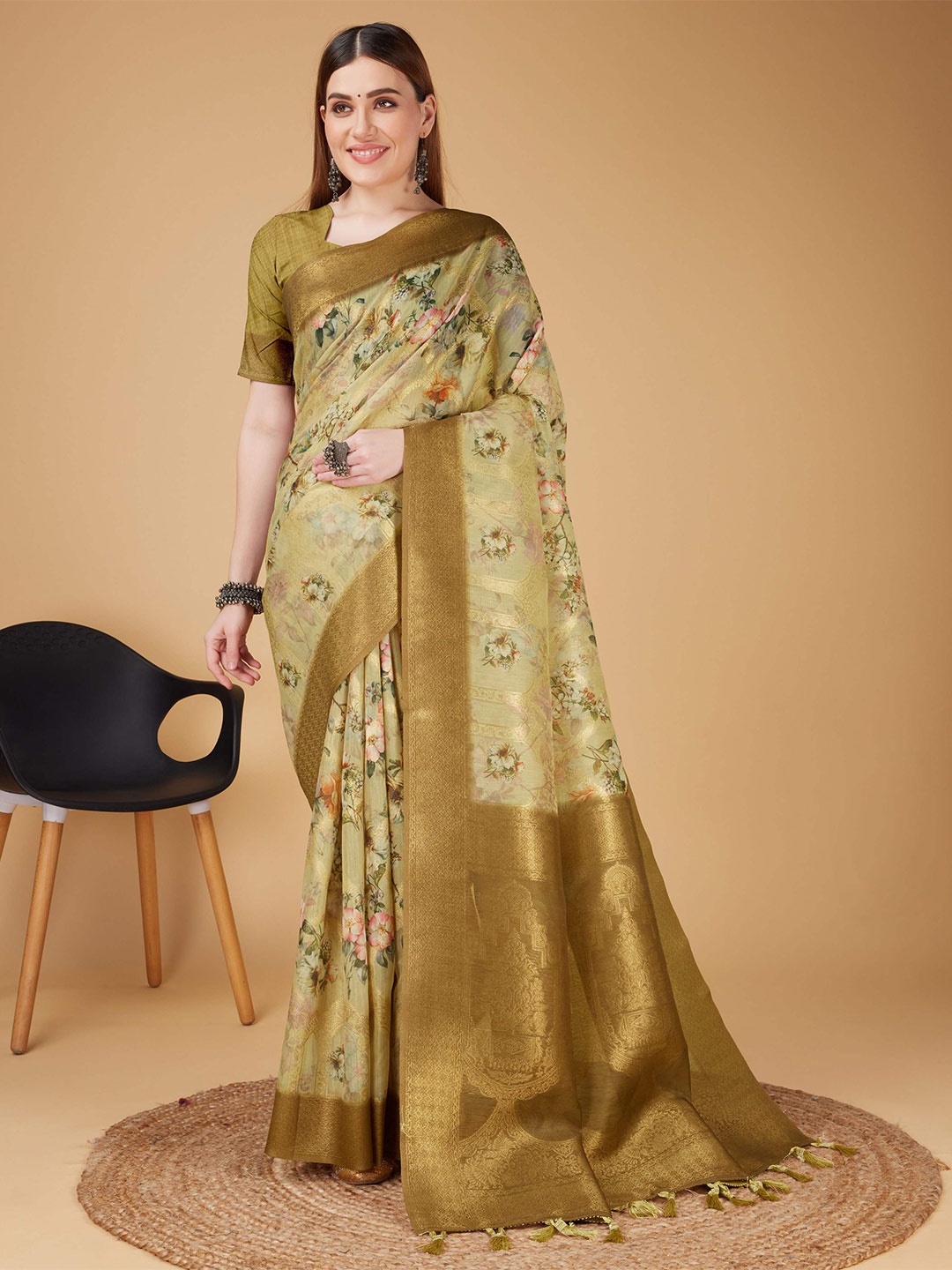 

Mitera Floral Printed Silk Cotton Banarasi Saree, Mustard