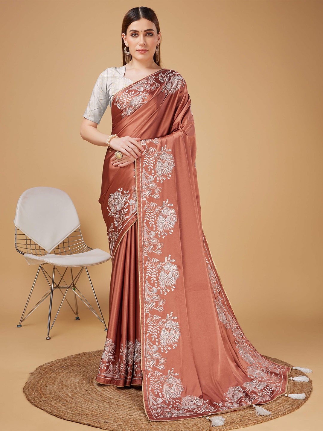 

Mitera Orange & White Floral Embroidered Satin Saree