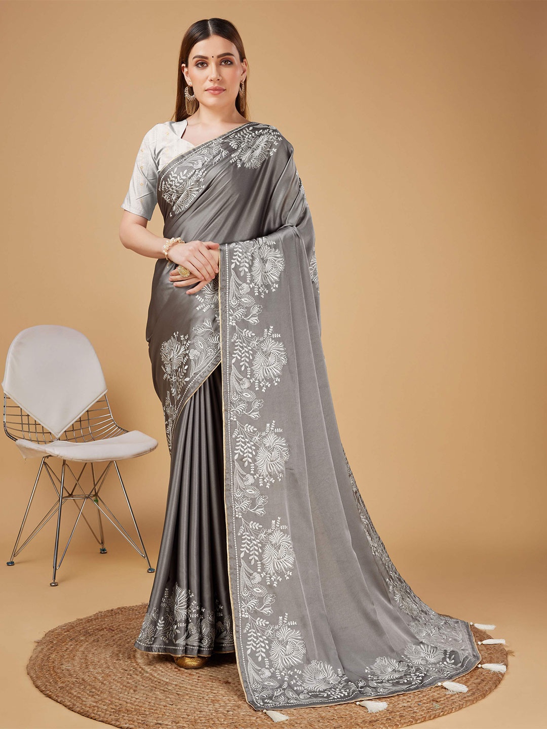

Mitera Grey Embroidered Satin Saree