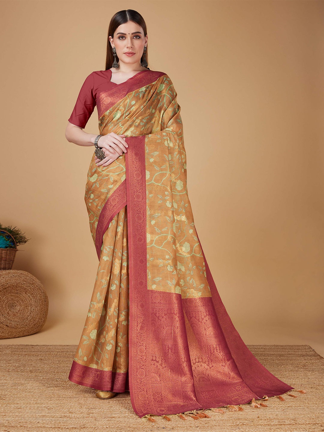 

Mitera Mustard Floral Woven Silk Cotton Banarasi Saree