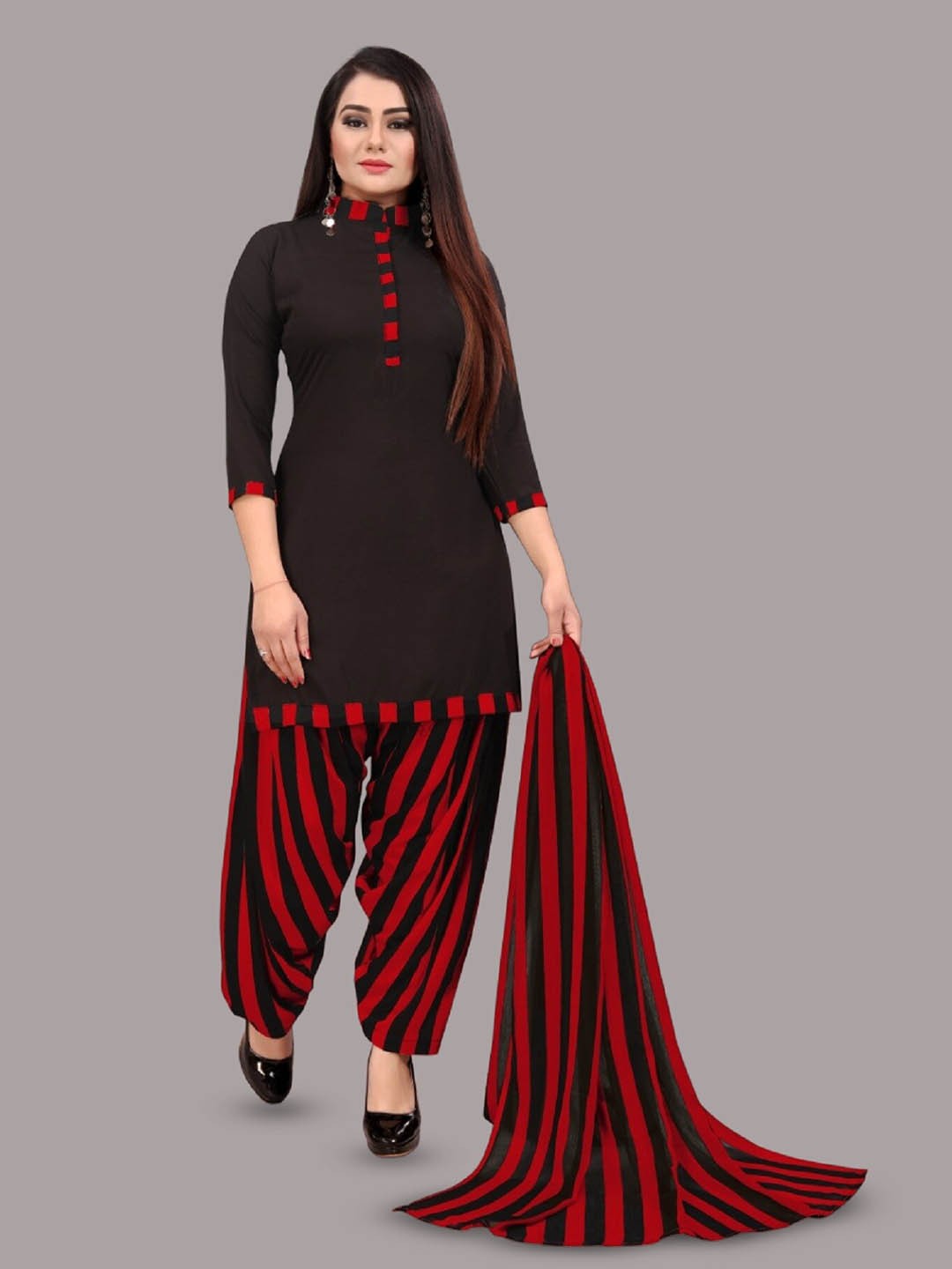 

APNISHA Striped Unstitched Dress Material, Black