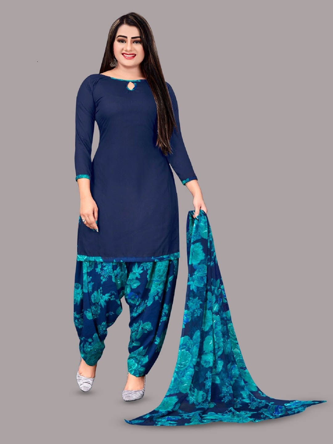 

APNISHA Floral Printed Unstitched Dress Material, Navy blue