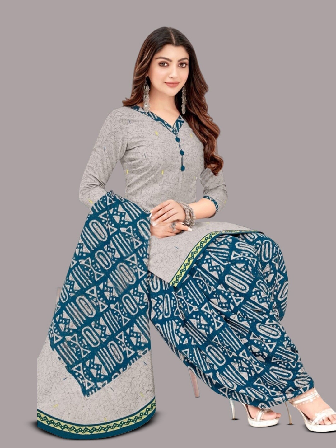 

APNISHA Ethnic Motifs Printed Unstitched Dress Material, Grey