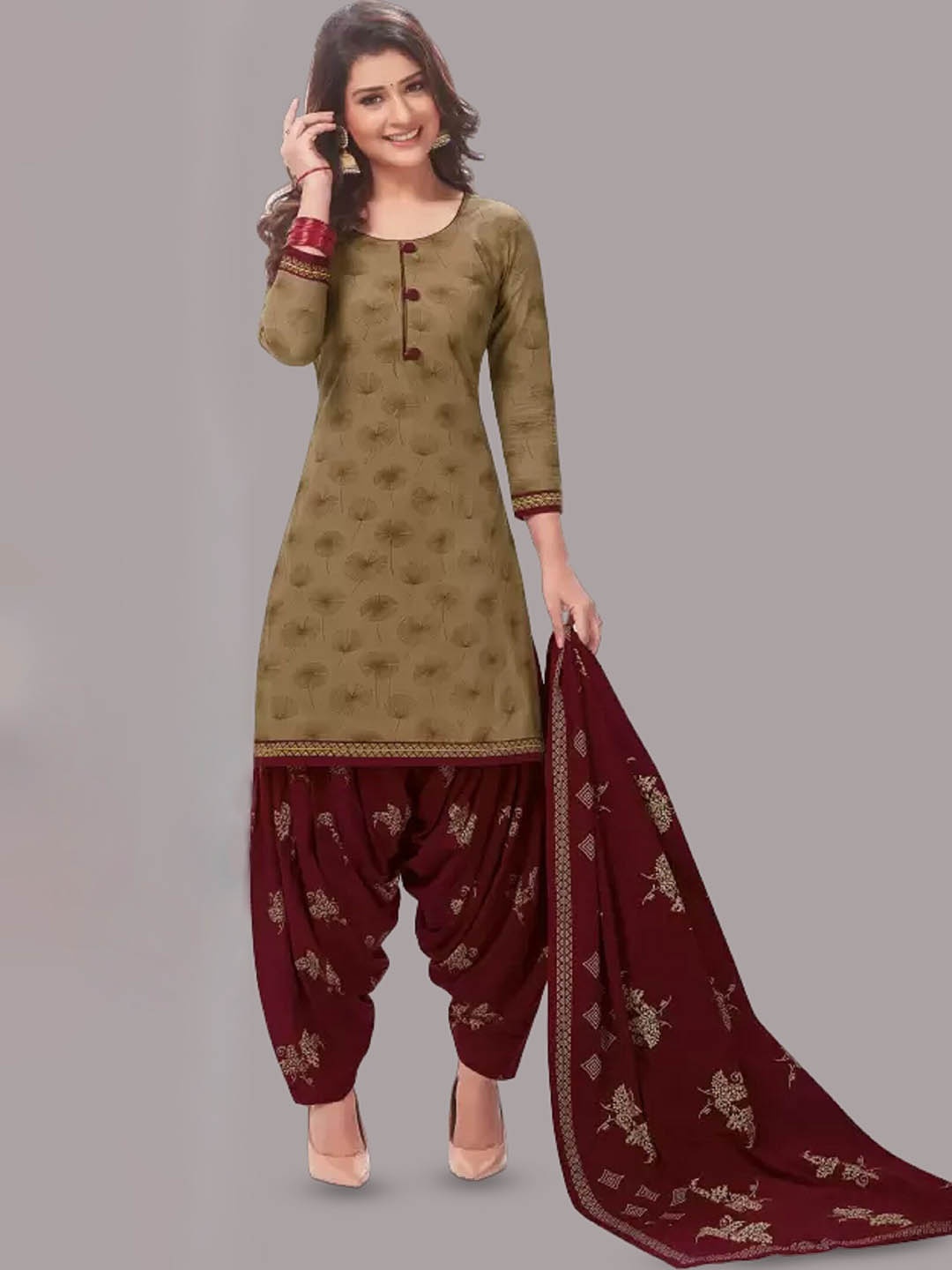 

APNISHA Floral Printed Unstitched Dress Material, Beige