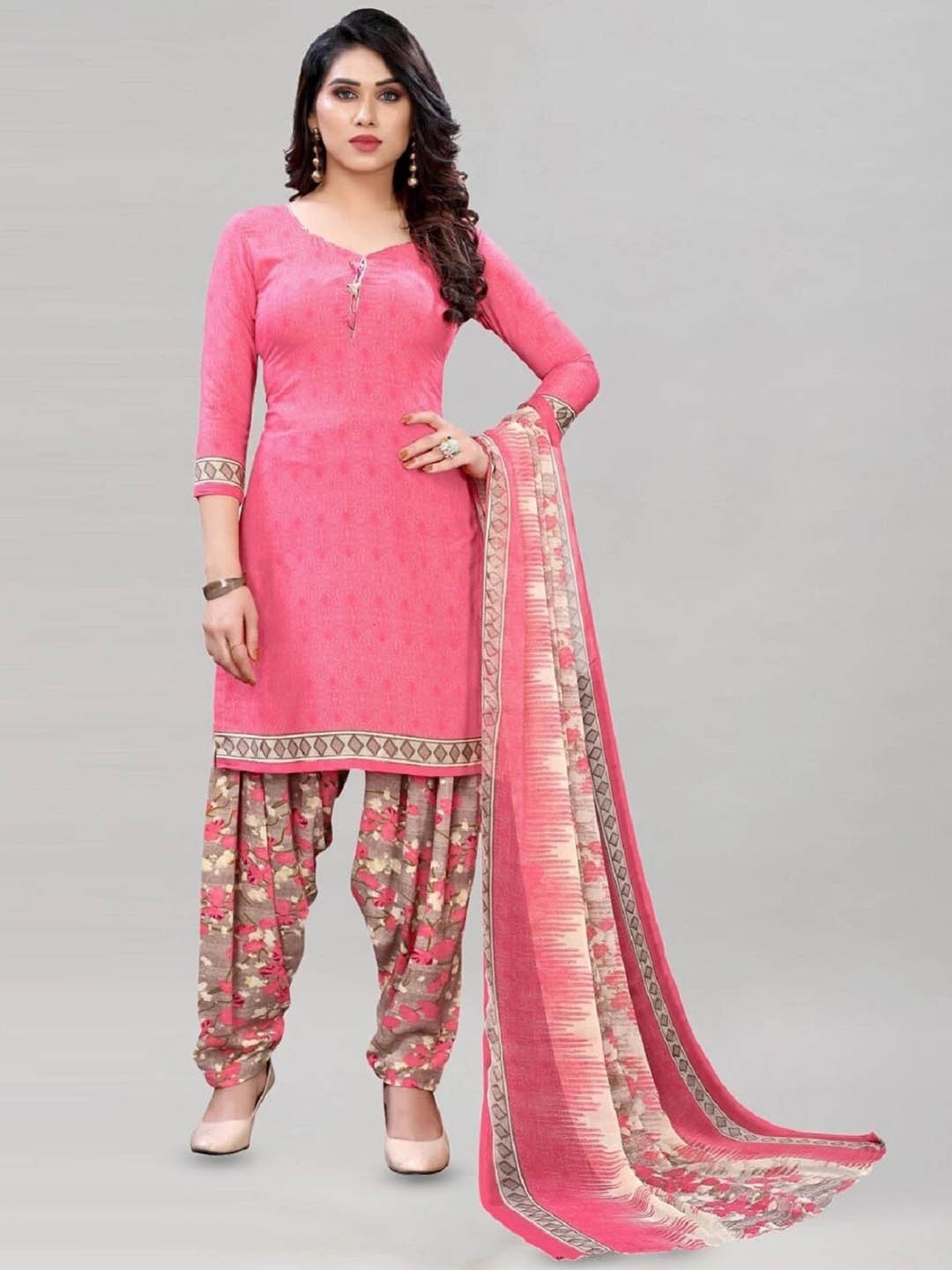 

APNISHA Ethnic Motifs Printed Unstitched Dress Material, Pink