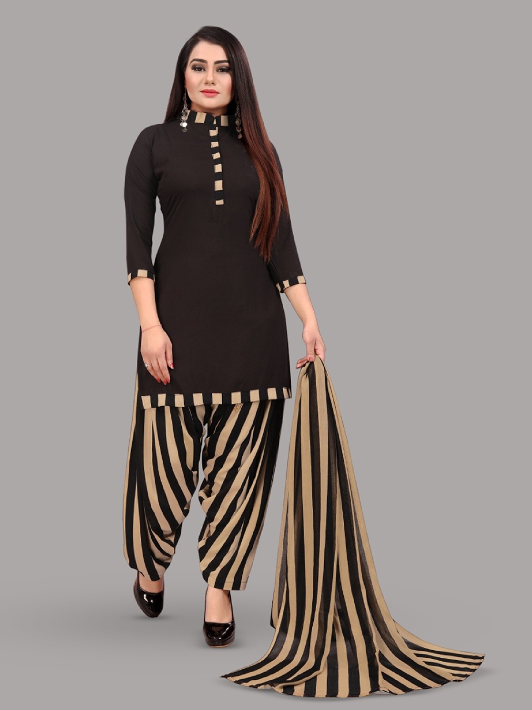 

APNISHA Striped Unstitched Dress Material, Brown