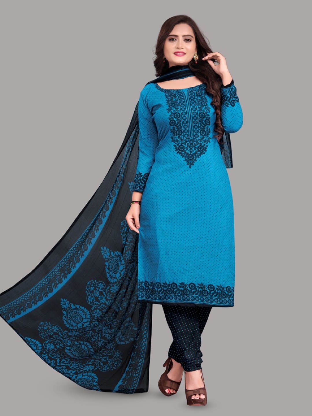 

APNISHA Floral Printed Unstitched Dress Material, Turquoise blue