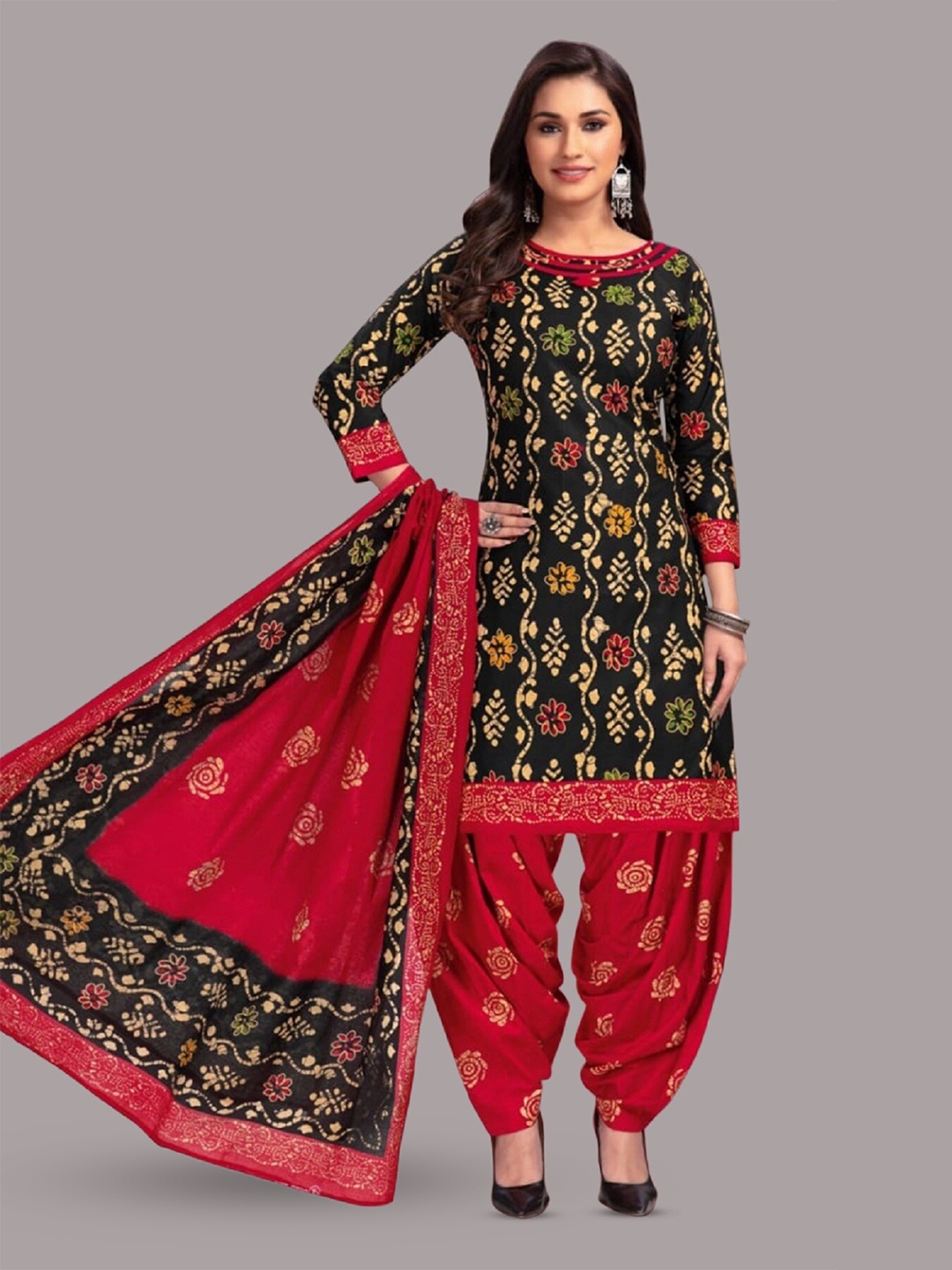

APNISHA Ethnic Motifs Printed Unstitched Dress Material, Black