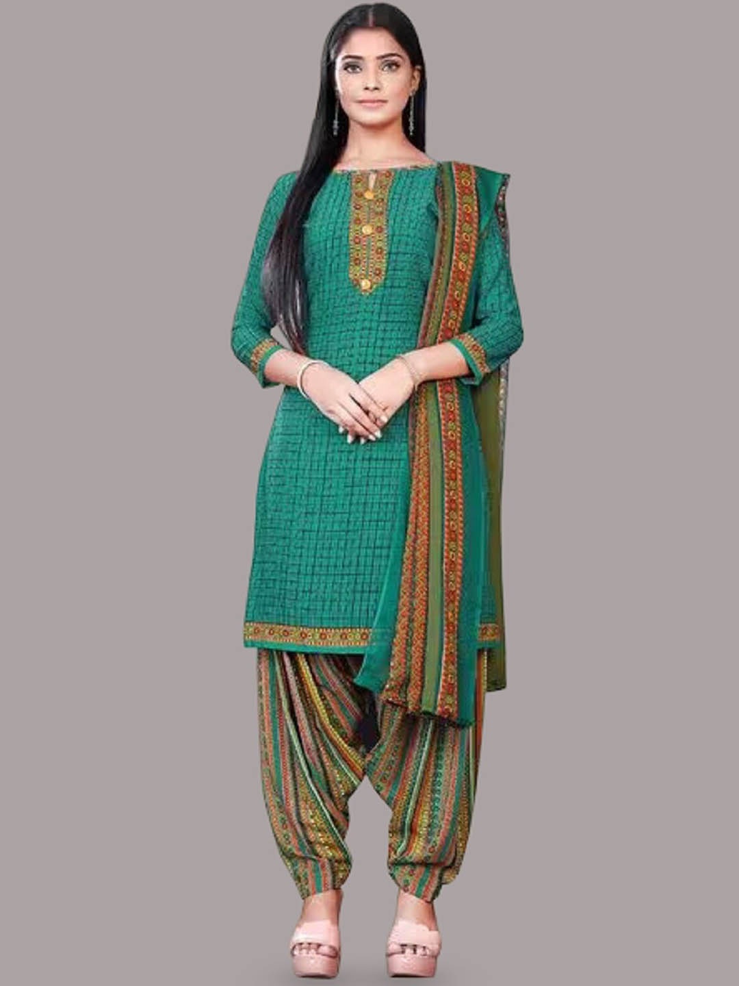 

APNISHA Ethnic Motifs Printed Unstitched Dress Material, Green