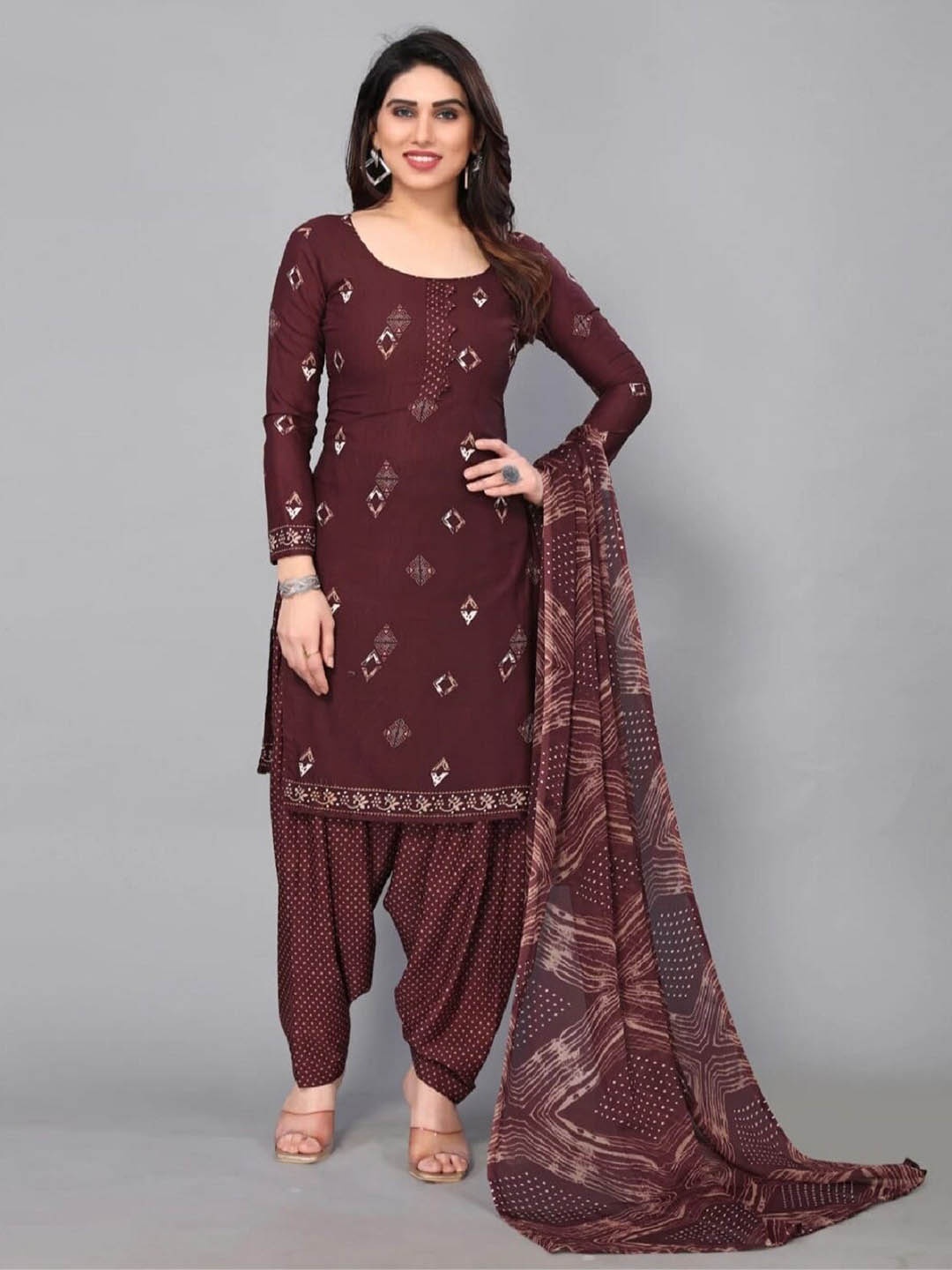 

APNISHA Bandhani Printed Unstitched Dress Material, Brown