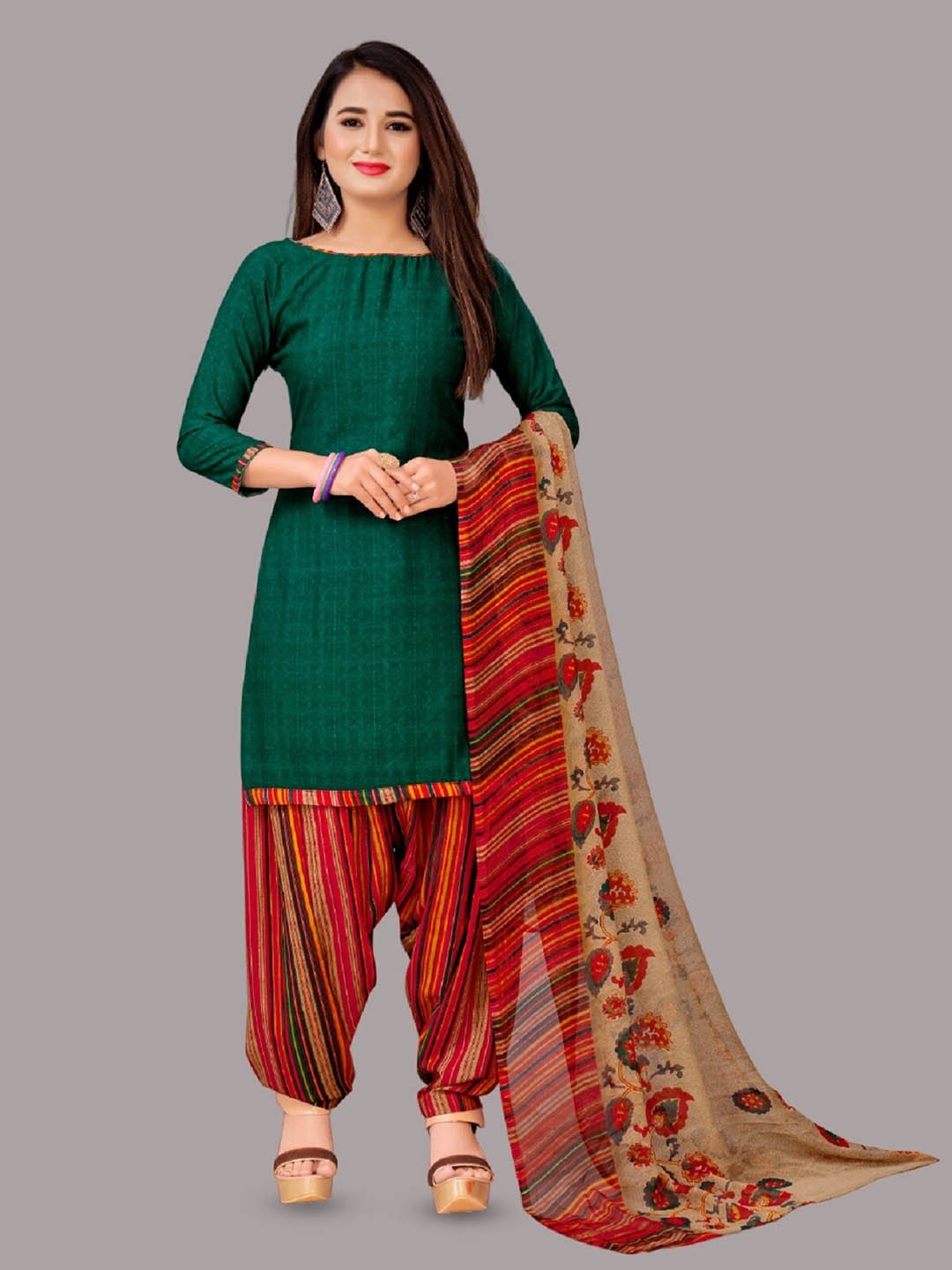

APNISHA Striped Unstitched Dress Material, Green