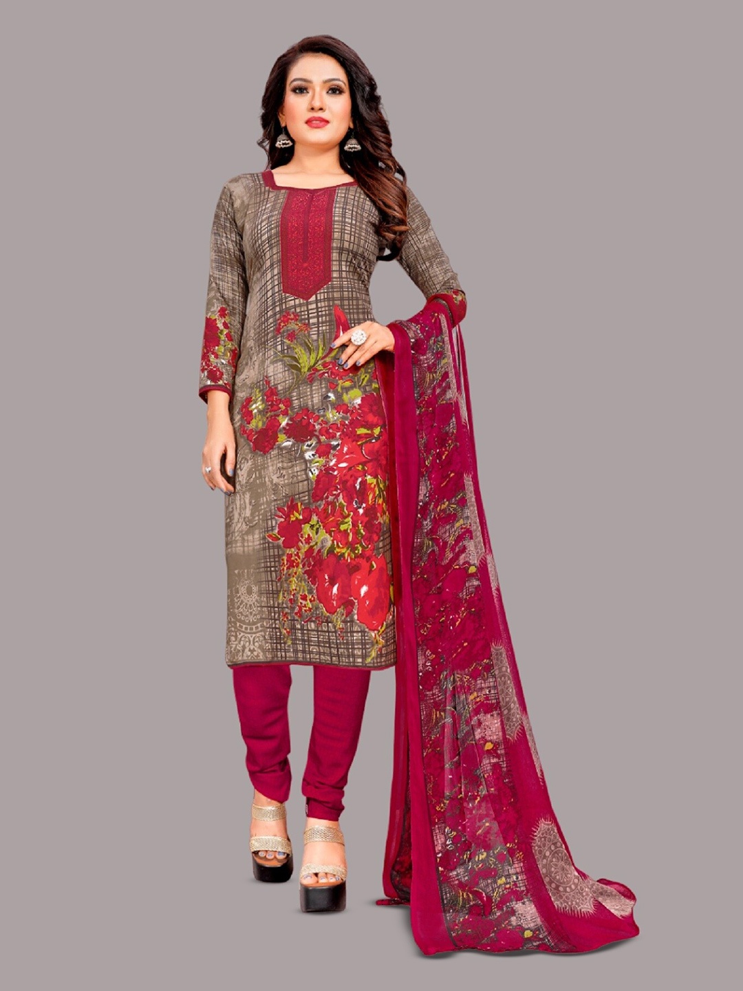 

APNISHA Floral Printed Unstitched Dress Material, Beige