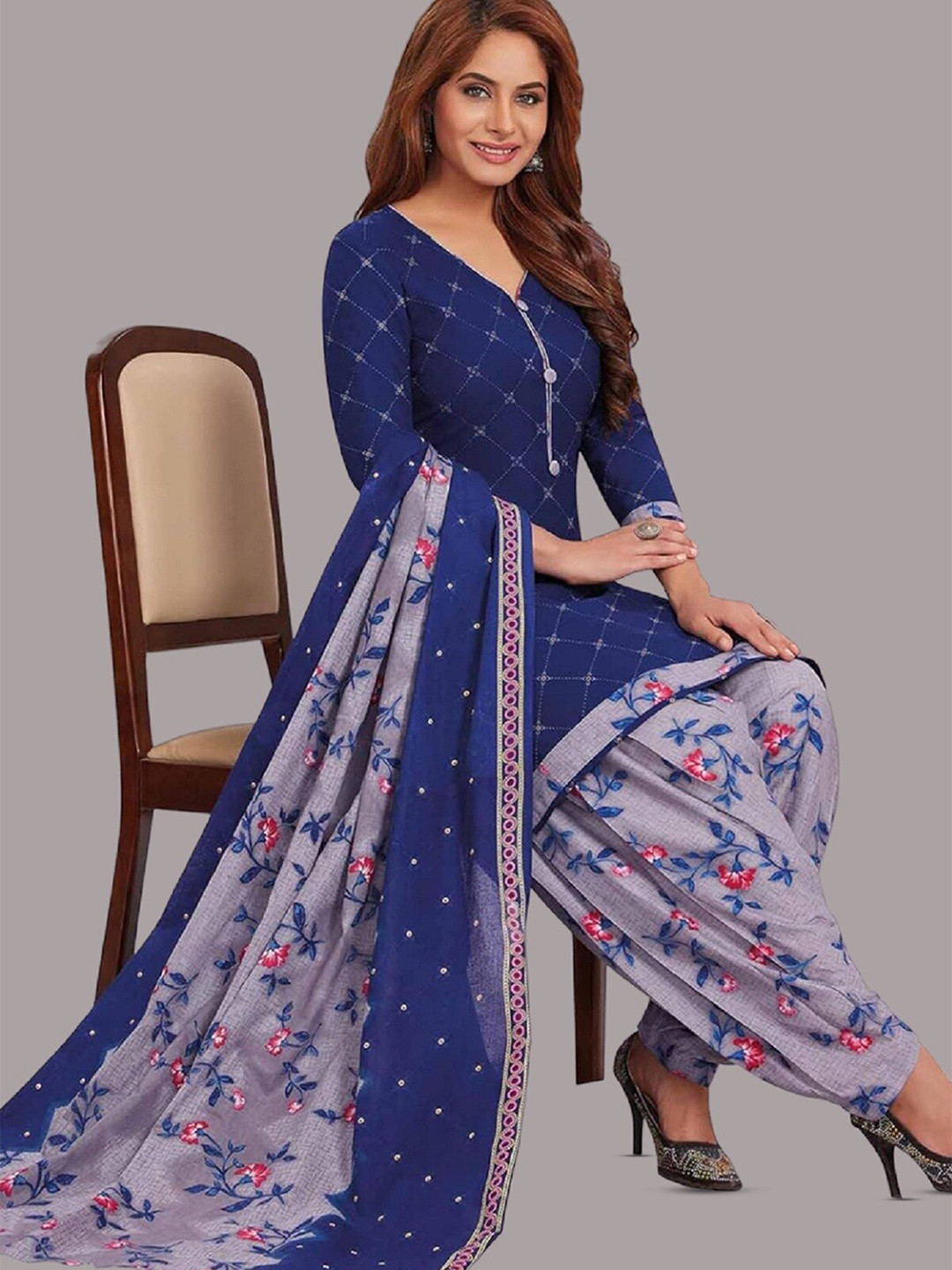 

APNISHA Floral Printed Unstitched Dress Material, Blue