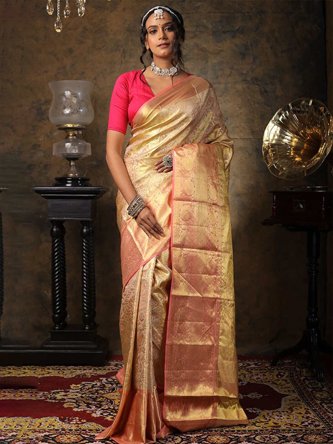 

AllSilks Floral Woven Design Zari Detailed Pure Silk Kanjeevaram Saree, Gold