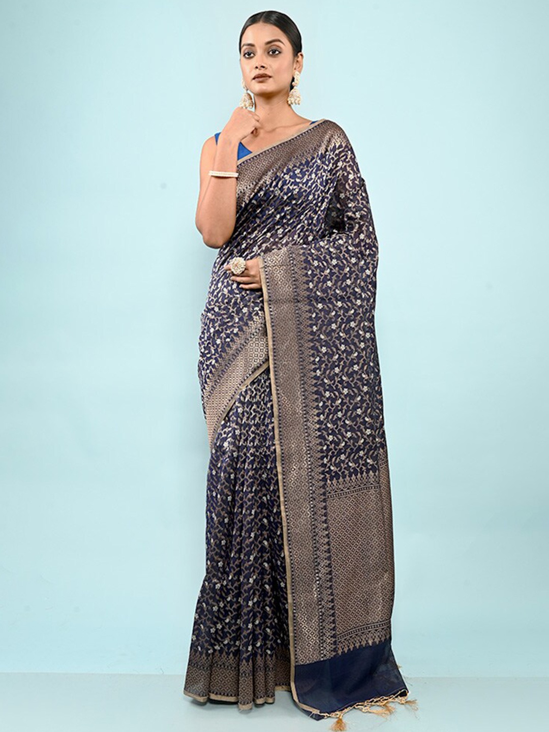 

AllSilks Floral Woven Design Zari Detailed Silk Cotton Saree, Navy blue