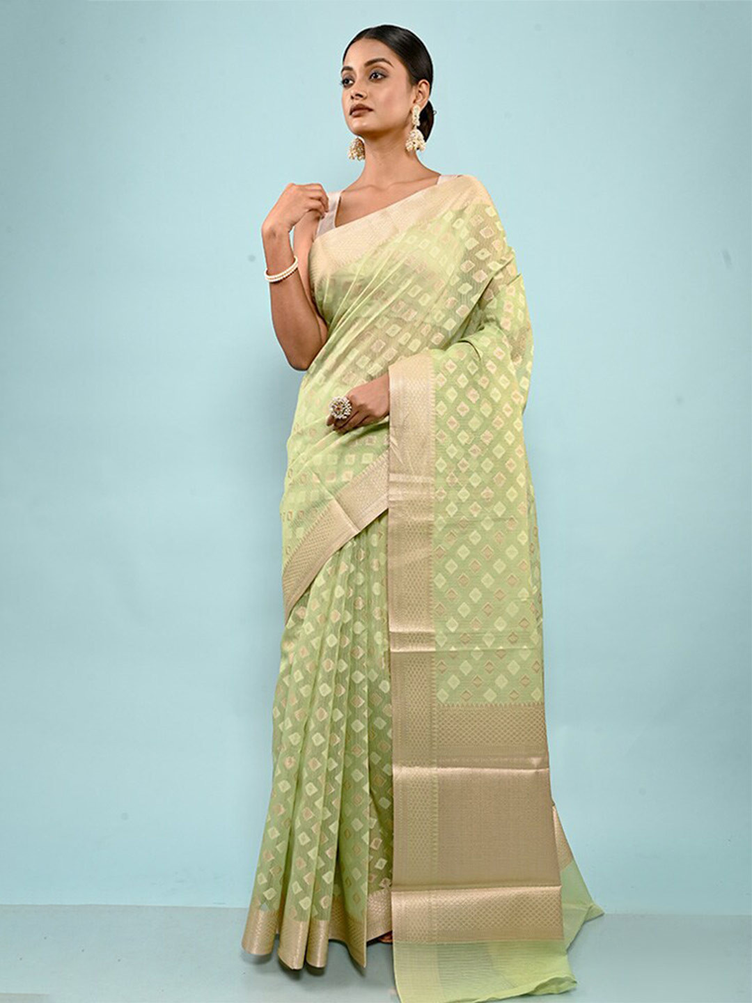 

AllSilks Geometric Woven Design Zari Detailed Silk Cotton Saree, Green