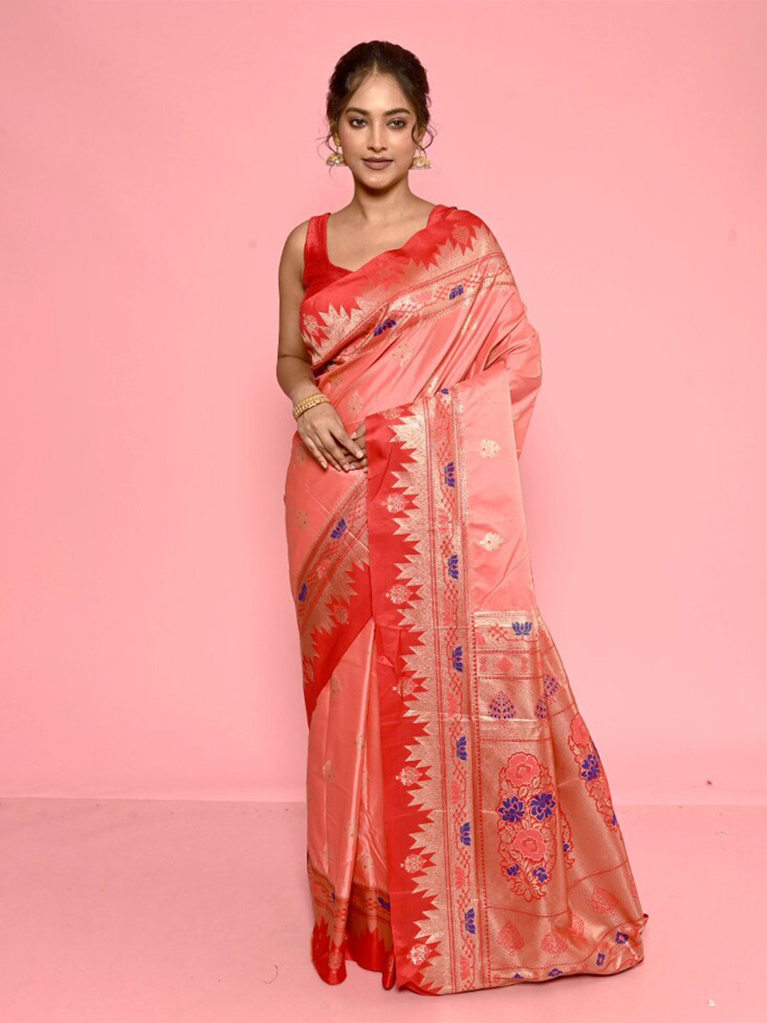 

AllSilks Ethnic Motifs Woven Design Zari Detailed Pure Silk Kanjeevaram Saree, Pink