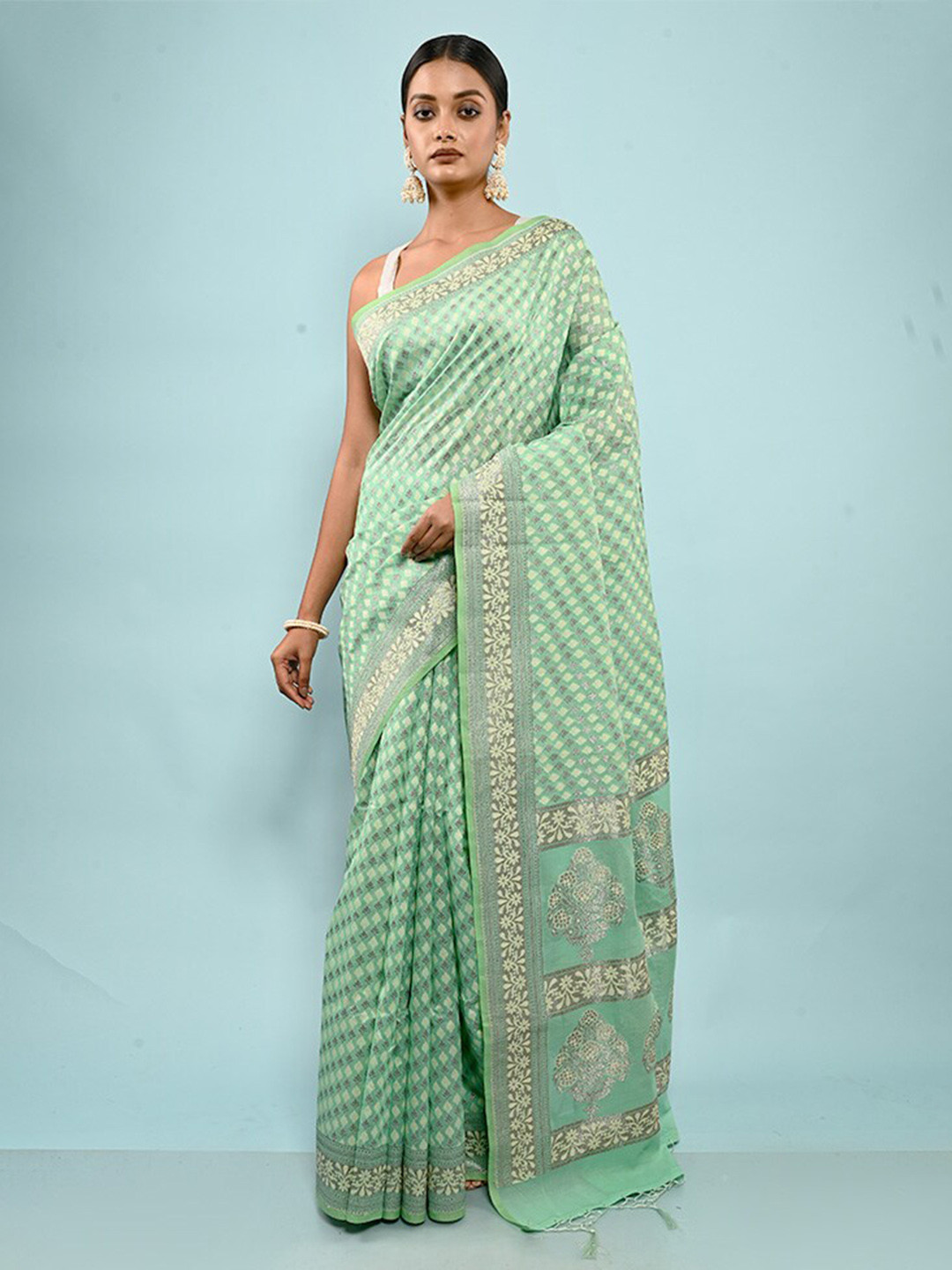 

AllSilks Floral Woven Design Silk Cotton Saree, Green