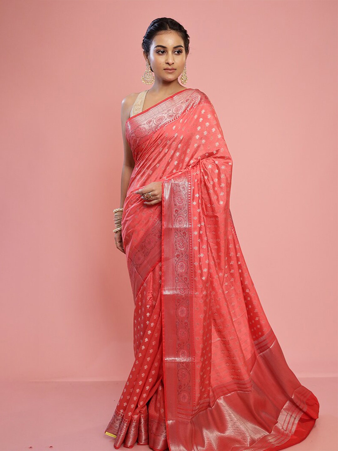 

AllSilks Geometric Woven Design Saree, Pink