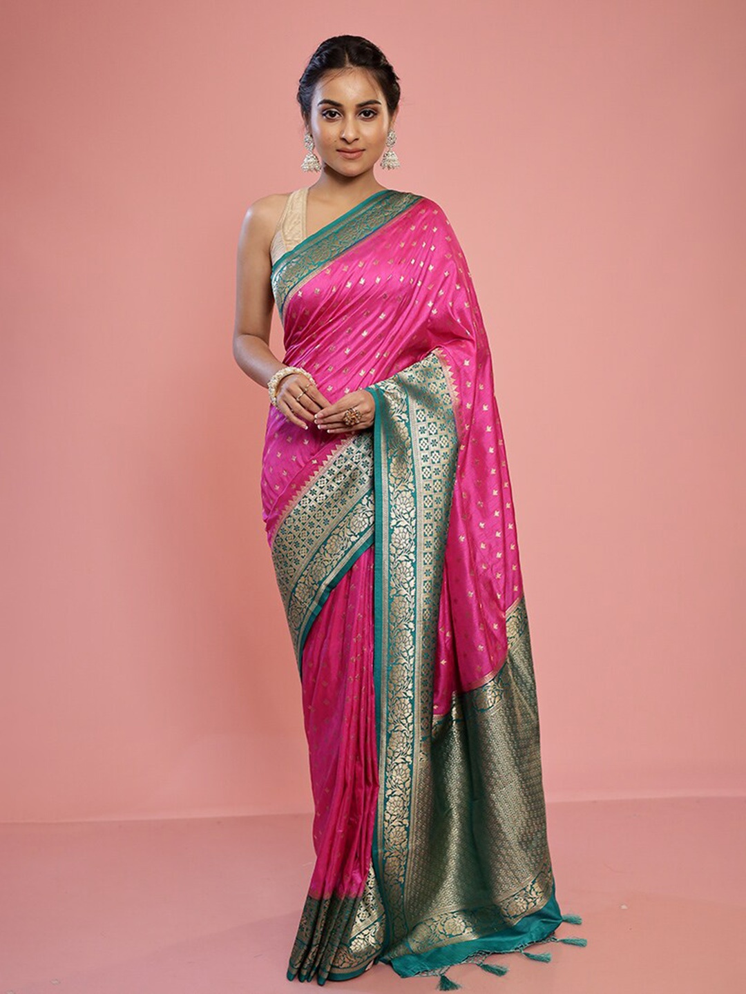 

AllSilks Floral Woven Design Saree, Pink