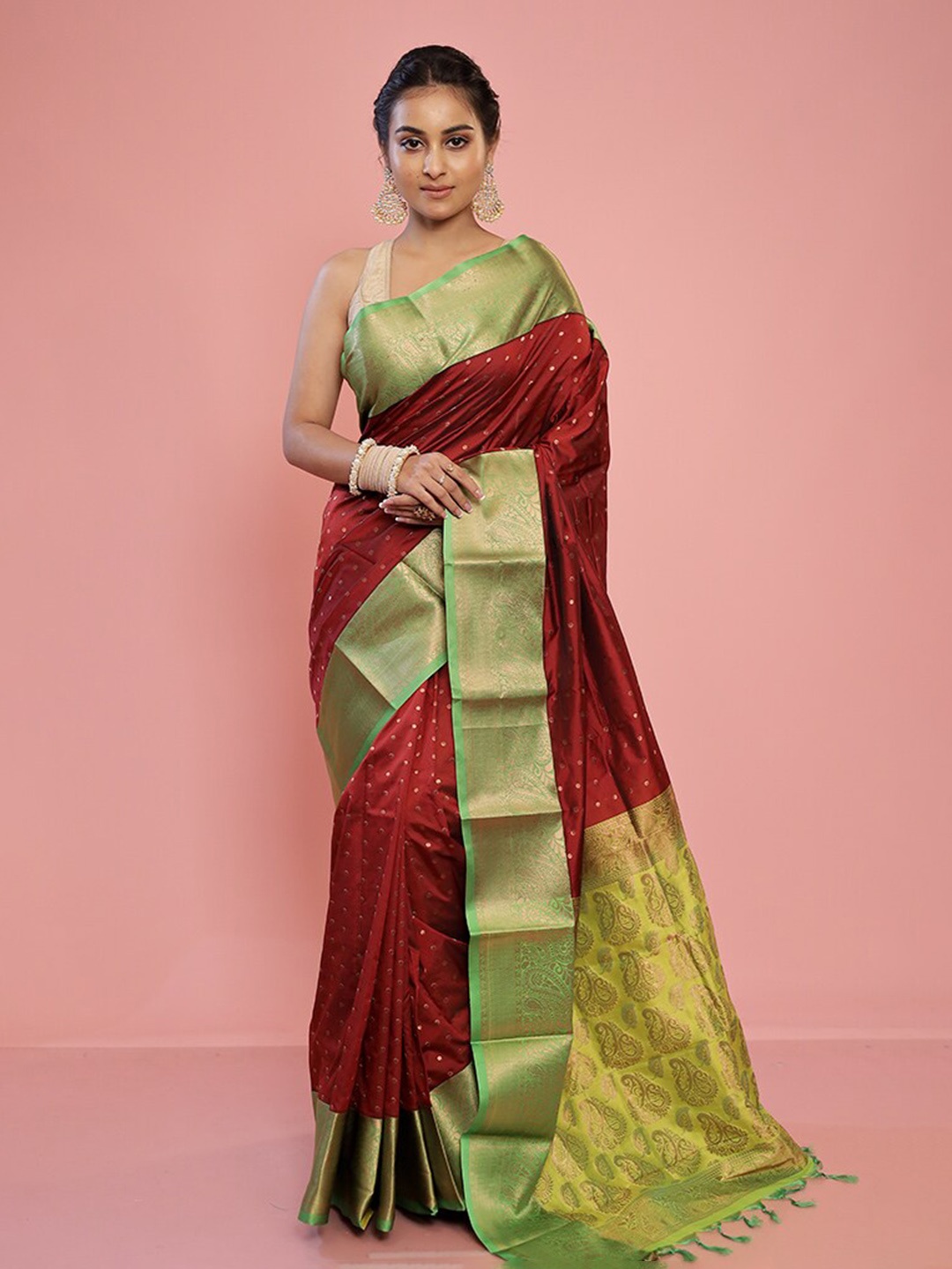 

AllSilks Polka Dot Woven Design Pure Silk Kanjeevaram Saree, Maroon