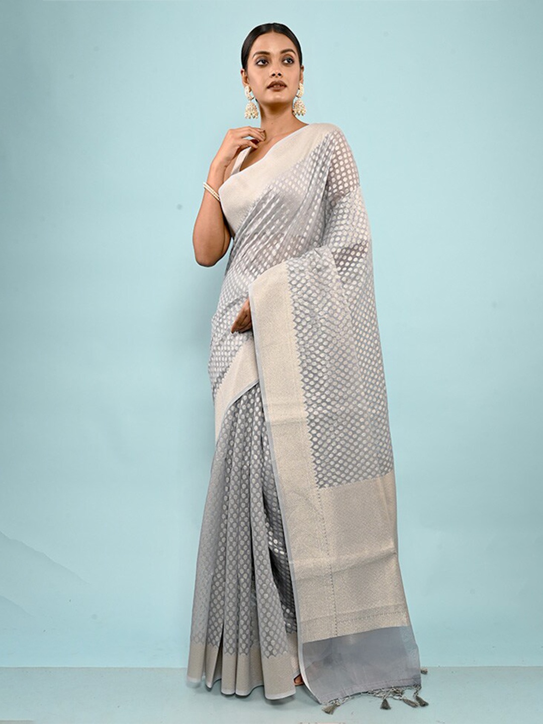 

AllSilks Ethnic Motifs Woven Design Silk Cotton Saree, Grey