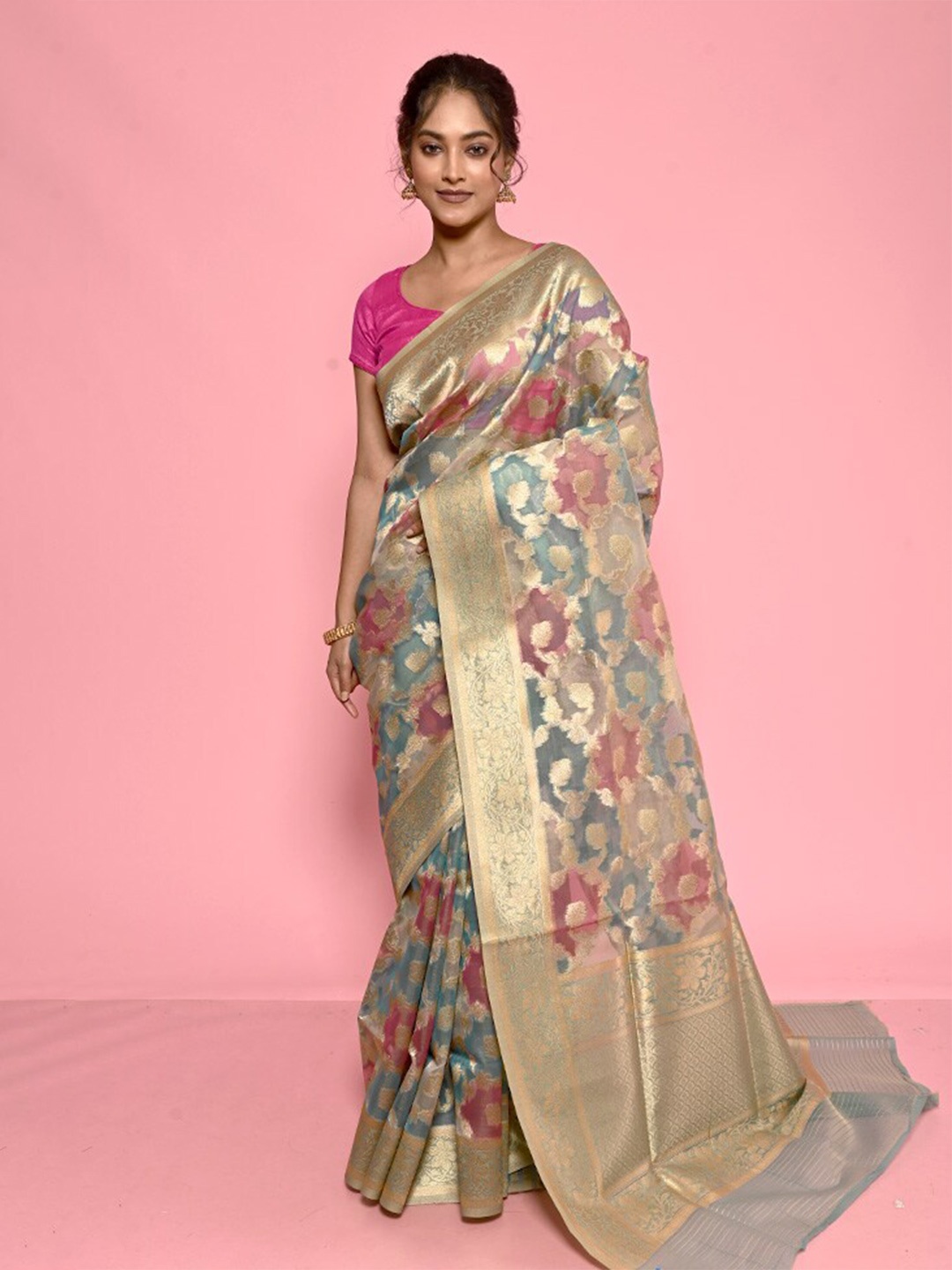 

AllSilks Abstract Woven Design Organza Saree, Blue