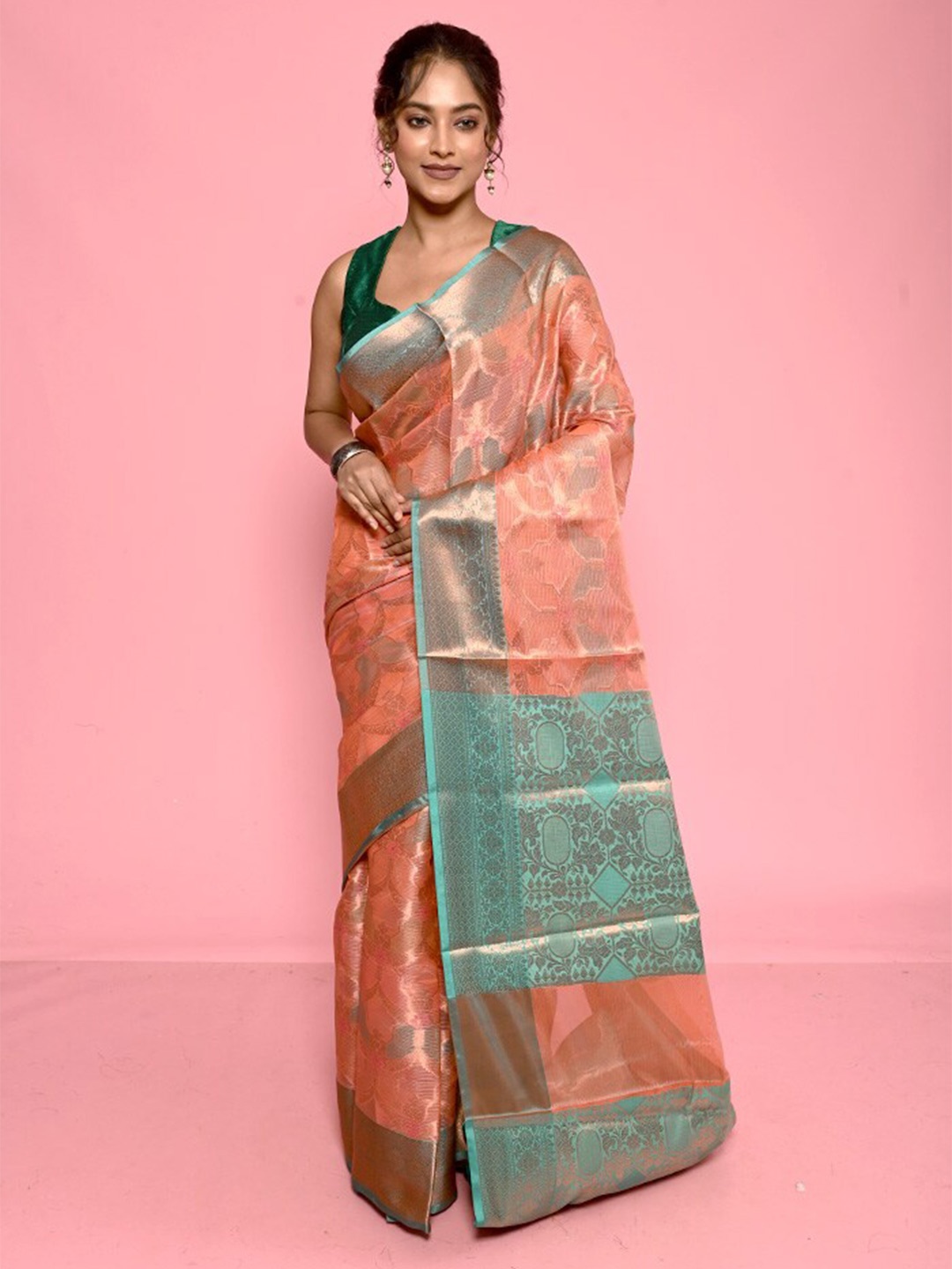 

AllSilks Abstract Woven Design Organza Saree, Peach