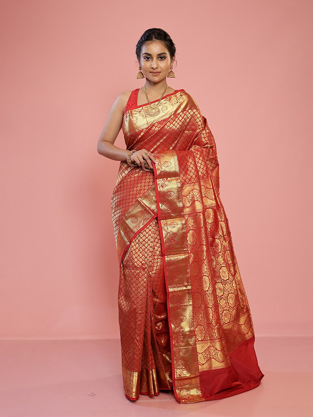 

AllSilks Ethnic Motifs Woven Design Zari Pure Silk Kanjeevaram Saree, Red