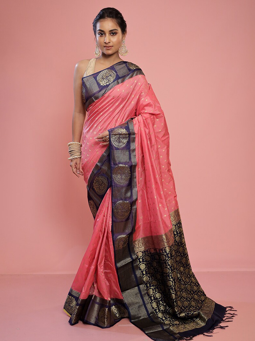 

AllSilks Ethnic Motifs Woven Design Zari Pure Silk Kanjeevaram Saree, Pink