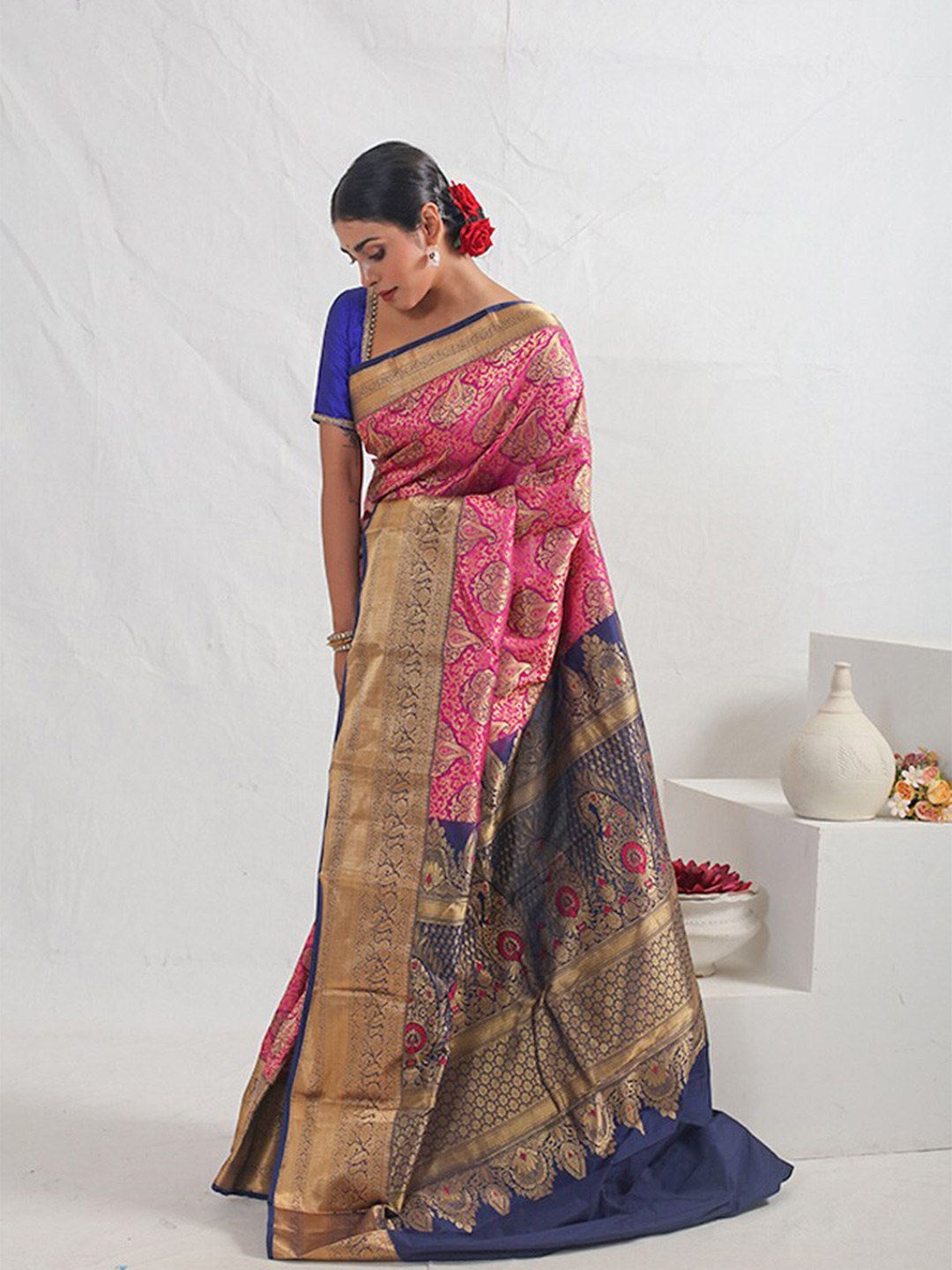 

AllSilks Ethnic Motifs Woven Design Zari Pure Silk Kanjeevaram Saree, Purple