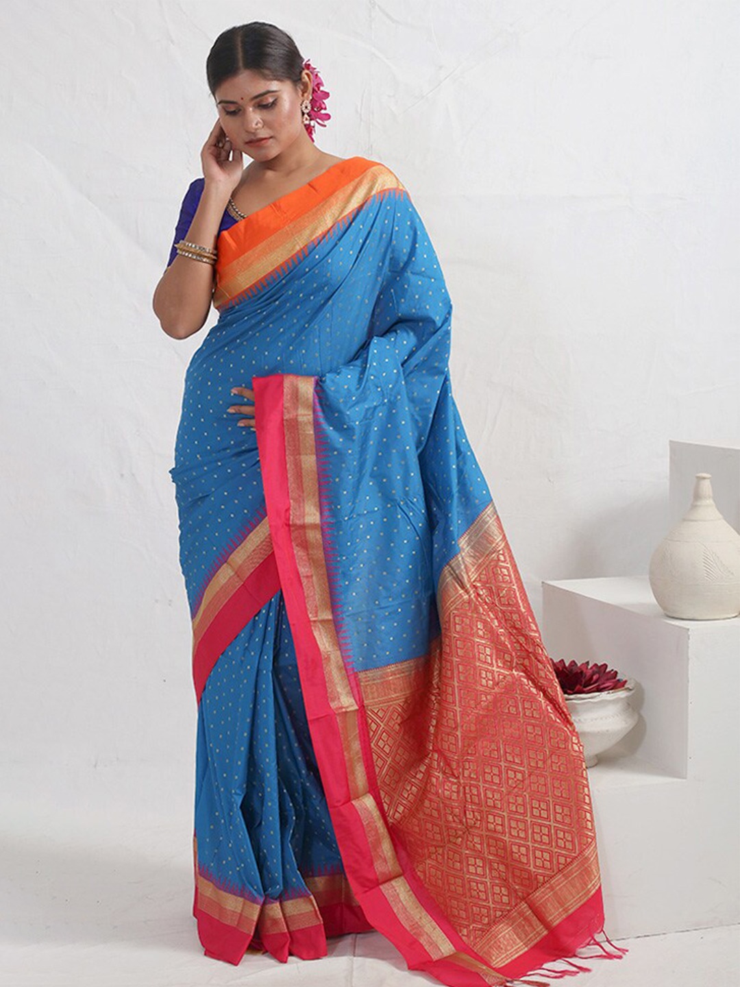 

AllSilks Blue Pure Silk Kanjeevaram Saree