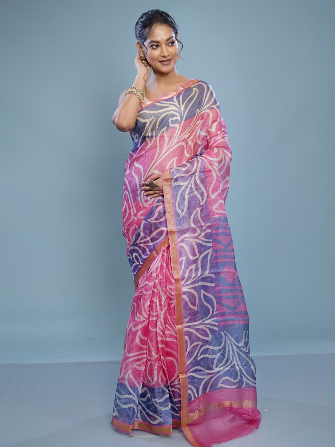 

AllSilks Floral Printed Pure Cotton Saree, Pink