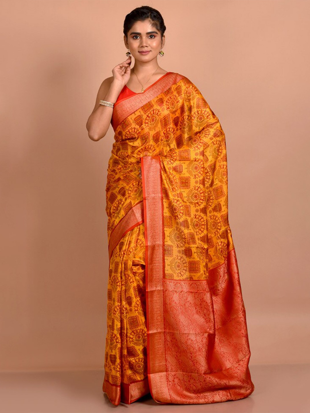 

AllSilks Floral Printed Pure Silk Murshidabad silk Saree, Yellow