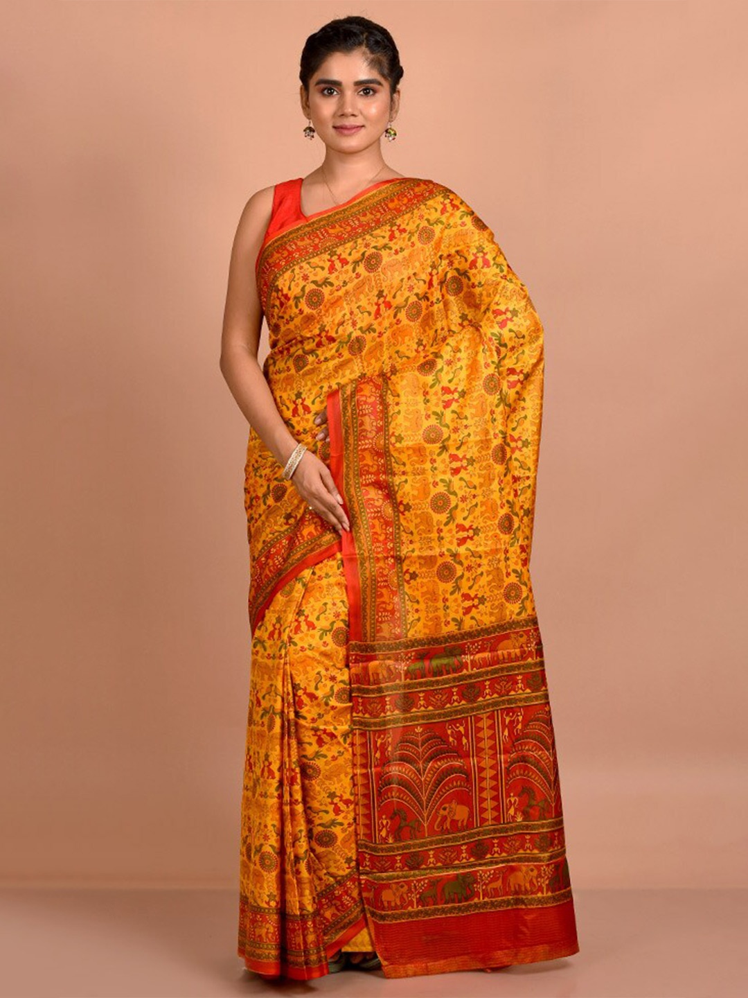 

AllSilks Ethnic Motifs Printed Pure Silk Murshidabad Saree, Yellow