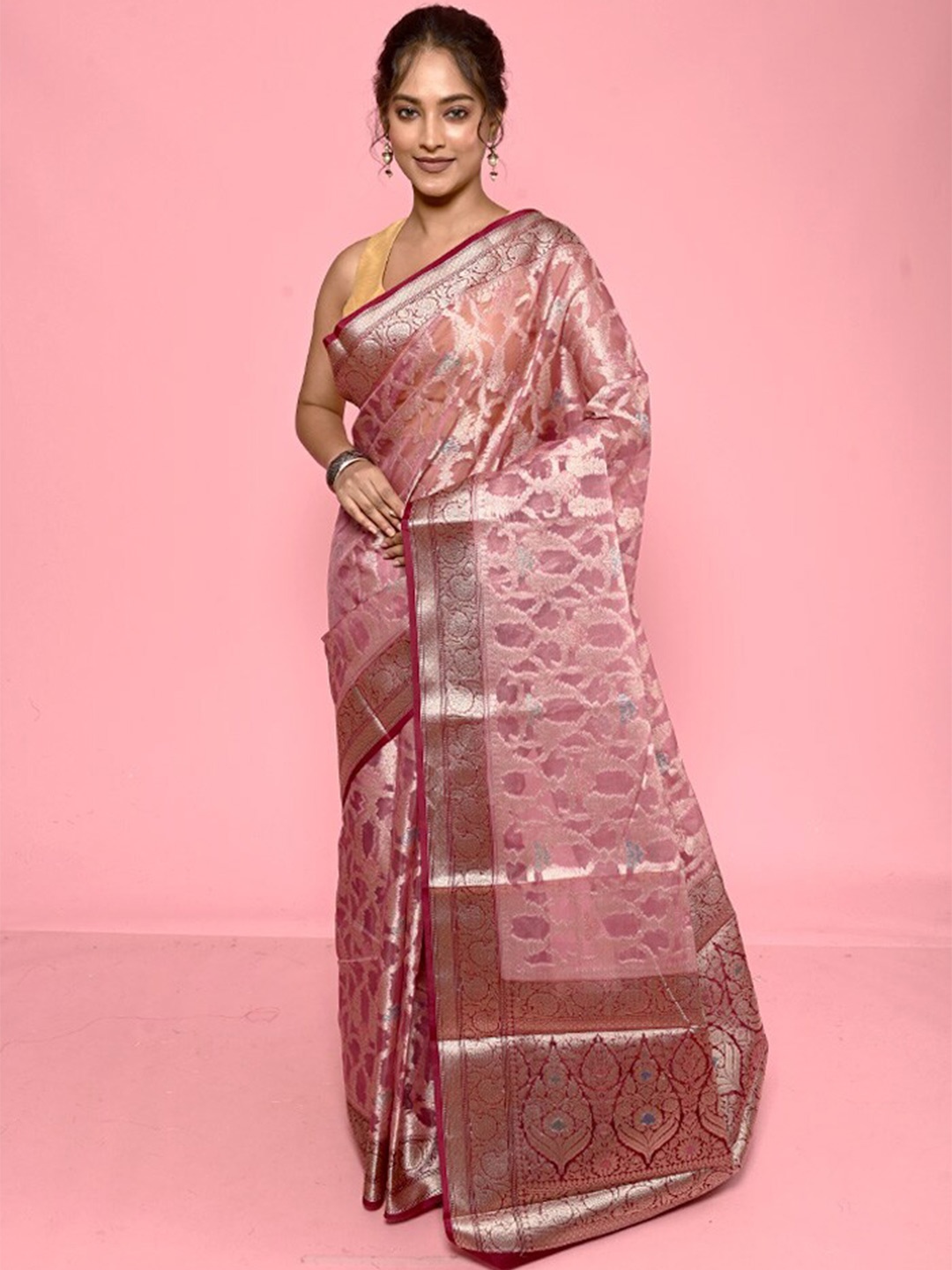

AllSilks Ethnic Motif Zari Organza Saree, Pink